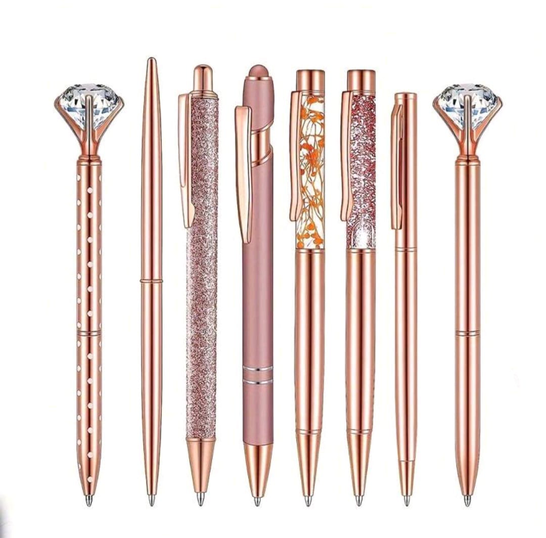 Rose Gold Ball Pens Set With Glitter Liquid 5 Pcs