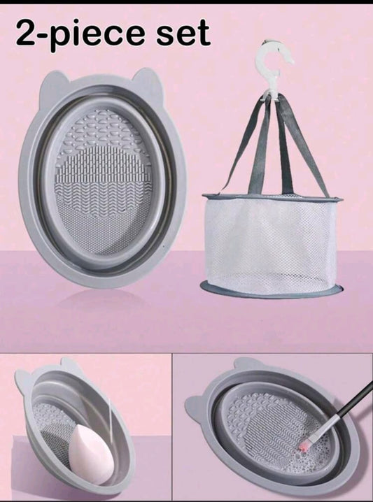 Makeup Brush Cleaning Set - Silicone Cleaning Mat & Folding Brush Washing Bowl